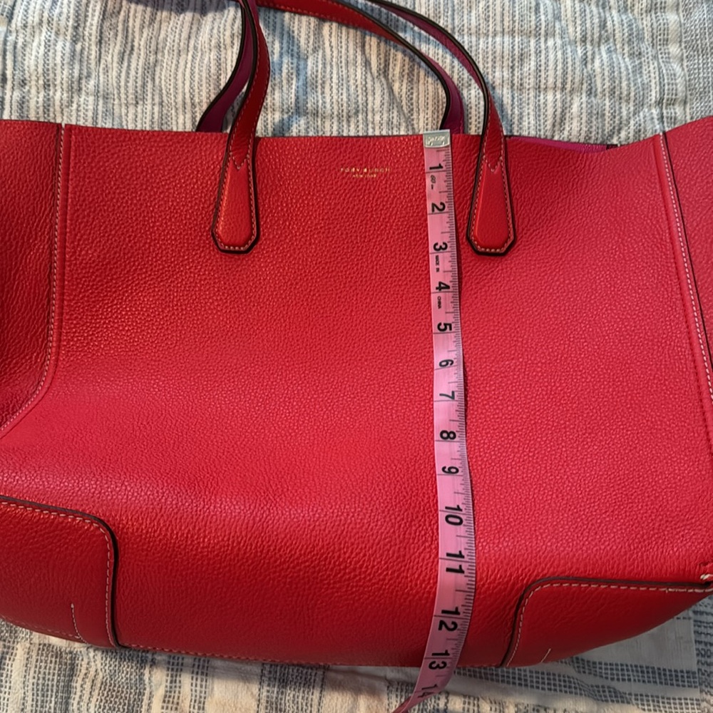 Tory Burch Large Brilliant Red/Crazy Pink Leather Pebbled Tote - Picture 7 of 12